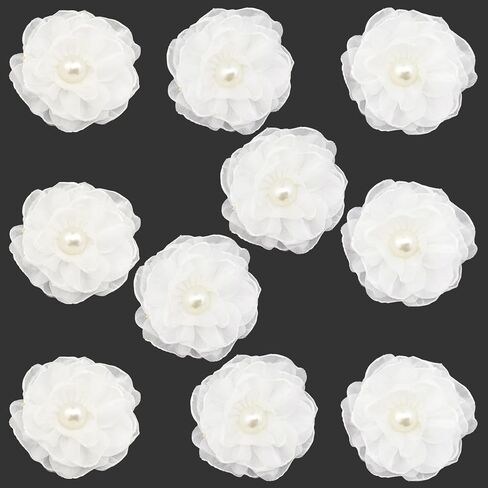 10pcs Fabric Flowers 2.36 inch Flat Back Pearl Glossy Chiffon Flower Appliques for Sewing Clothing Headbands Party Wedding Graduation Topper Decoration Gift Wrapping DIY Craft (White) in Kuwait