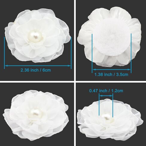 10pcs Fabric Flowers 2.36 inch Flat Back Pearl Glossy Chiffon Flower Appliques for Sewing Clothing Headbands Party Wedding Graduation Topper Decoration Gift Wrapping DIY Craft (White) in Kuwait