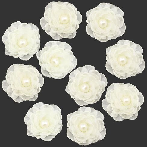 10pcs Fabric Flowers 2.36 inch Flat Back Pearl Glossy Chiffon Flower Appliques for Sewing Clothing Headbands Party Wedding Graduation Topper Decoration Gift Wrapping DIY Craft (White) in Kuwait