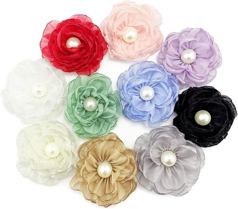 10pcs Fabric Flowers 2.36 inch Flat Back Pearl Glossy Chiffon Flower Appliques for Sewing Clothing Headbands Party Wedding Graduation Topper Decoration Gift Wrapping DIY Craft (White) in Kuwait