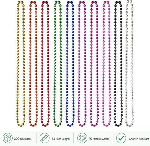 Okllen 200 Pieces Mardi Gras Plastic Bead Necklaces, 33" Colorful Bead Necklaces Bulk for Parade Throws, Christmas, Birthday, Costume Dress Up, St. Patrick’s Day & Carnival Decorations, 10 Colors in Kuwait
