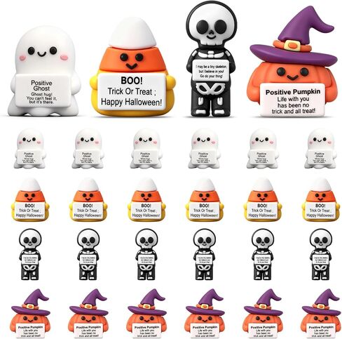 Gejoy 50 Pcs Halloween Mini Rubber Figurine with Motivational Messages Mini Ghost Pumpkin Candy Corn Skeleton Positivity Signs for Office Home Halloween Party Decorations Gifts in Kuwait