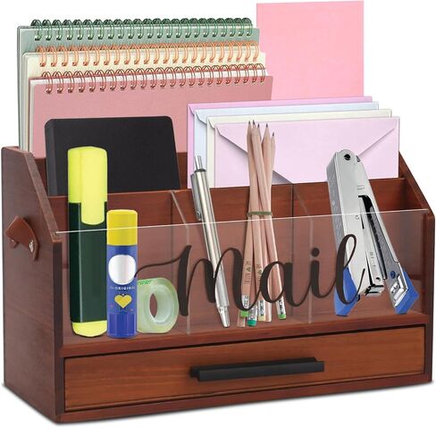 Wood Desk Organizer with Drawer, Bill Mail Organizer Countertop Workspace Organizers for Office Supplies Desk Organization Letter Holder in Saudi Arabia