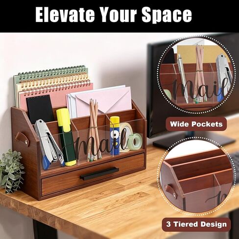 Wood Desk Organizer with Drawer, Bill Mail Organizer Countertop Workspace Organizers for Office Supplies Desk Organization Letter Holder in Saudi Arabia