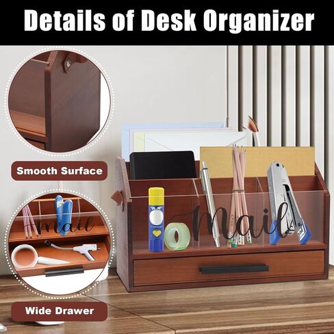 Wood Desk Organizer with Drawer, Bill Mail Organizer Countertop Workspace Organizers for Office Supplies Desk Organization Letter Holder in Saudi Arabia