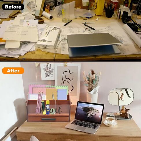 Wood Desk Organizer with Drawer, Bill Mail Organizer Countertop Workspace Organizers for Office Supplies Desk Organization Letter Holder in Saudi Arabia