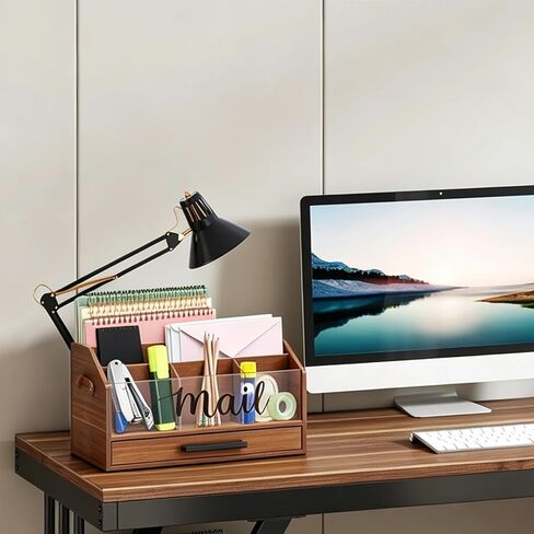 Wood Desk Organizer with Drawer, Bill Mail Organizer Countertop Workspace Organizers for Office Supplies Desk Organization Letter Holder in Saudi Arabia