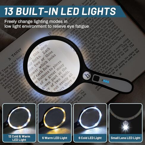 عدسة مكبرة كبيرة مع ضوء: عدسة مكبرة محمولة بإضاءة 10X 30X 5IN مع 13 مصباح LED و3 أوضاع، عدسة مكبرة قابلة لإعادة الشحن بقدرة 1150 مللي أمبير في الساعة هدية لكبار السن الذين يقرؤون العملات المعدنية عن قرب - أسود + أبيض in Kuwait
