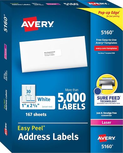 Avery Easy Peel Return Address Labels, 1" X 2-5/8" - 5,010 Blank White Mailing Labels for Shipping, Printing and More (5160) in Kuwait