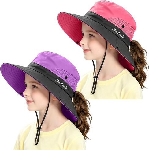 3 Pack Kids Girls Ponytail Summer Sun Hat Wide Brim UV Protection Bucket Beach Cap in Saudi Arabia