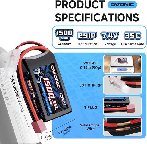 OVONIC 2S Lipo Battery 1500mAh 7.4V 35C Shorty Pack Battery with Dean-Style T Plug for RC Car Truck RC Vehicles Boat Drone RC Airplane Quadcopter Helicopter FPV Racing Hobby Models 2 Batteries in Kuwait