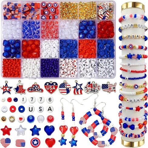 2360+ Pcs 4th of July Beads for Jewelry Making, Red White Blue Patriotic Bead Kit for Bracelets Necklace Craft Supplies Including Clay Charms USA Letter Beads Star Spacer Charms for Independence Day in Saudi Arabia