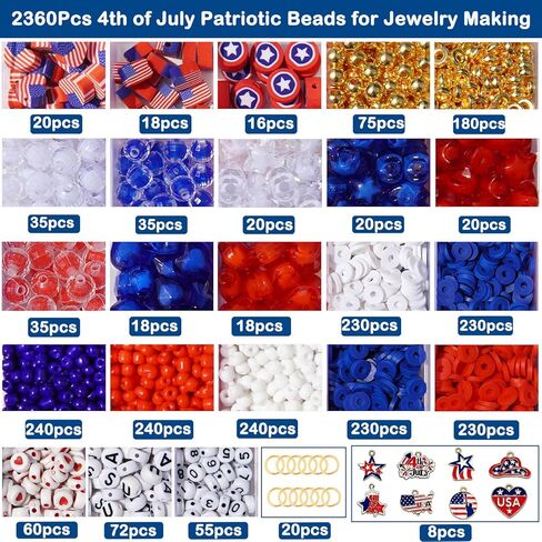 2360+ Pcs 4th of July Beads for Jewelry Making, Red White Blue Patriotic Bead Kit for Bracelets Necklace Craft Supplies Including Clay Charms USA Letter Beads Star Spacer Charms for Independence Day in Saudi Arabia