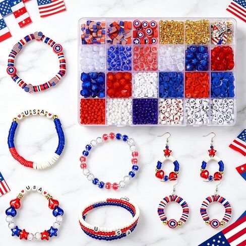 2360+ Pcs 4th of July Beads for Jewelry Making, Red White Blue Patriotic Bead Kit for Bracelets Necklace Craft Supplies Including Clay Charms USA Letter Beads Star Spacer Charms for Independence Day in Saudi Arabia