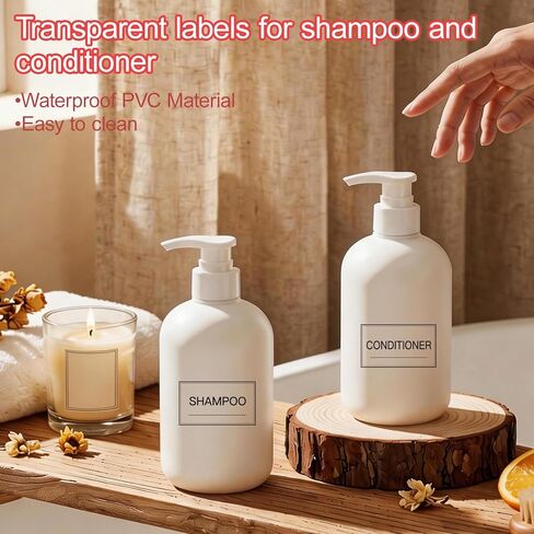 32PCS Clear Bathroom Labels for Soap Dispensers - Transparent PVC Waterproof Preprinted Stickers, Minimalist Set for Hand Soap, Shampoo, Conditioner, Lotion & Shower Bottles (Clear, 2.4" x 1.4") in Saudi Arabia