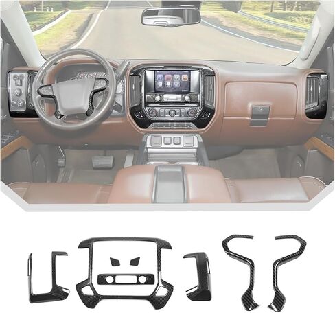طقم إكسسوارات داخلية من ألياف الكربون الأسود مكون من 8 قطع من JeCar لسيارة 2014-2017 Chevy Silverado GMC-Sierra - مجموعة ترقية ديكور لوحة أجهزة القياس ABS in Kuwait