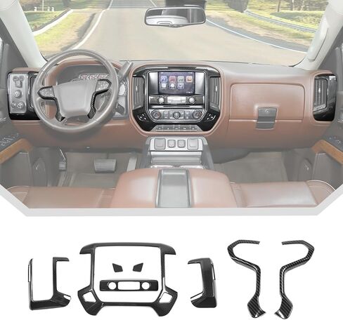 طقم إكسسوارات داخلية من ألياف الكربون الأسود مكون من 8 قطع من JeCar لسيارة 2014-2017 Chevy Silverado GMC-Sierra - مجموعة ترقية ديكور لوحة أجهزة القياس ABS in Kuwait
