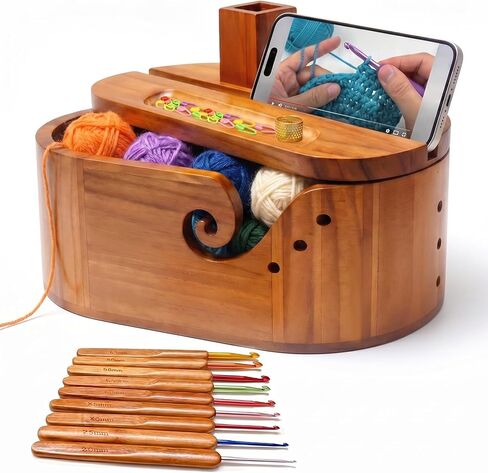 Oval Yarn Bowl Set with Lid, Crochet Yarn Holder with 9pcs Knitting Hooks, Large Wooden Yarn Storage with Phone Stand & Crochet Accessories, Double Curling Slot, Ideal Gift for Crochet Lovers in Saudi Arabia