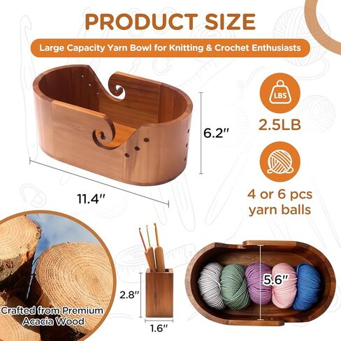 Oval Yarn Bowl Set with Lid, Crochet Yarn Holder with 9pcs Knitting Hooks, Large Wooden Yarn Storage with Phone Stand & Crochet Accessories, Double Curling Slot, Ideal Gift for Crochet Lovers in Saudi Arabia