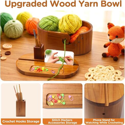 Oval Yarn Bowl Set with Lid, Crochet Yarn Holder with 9pcs Knitting Hooks, Large Wooden Yarn Storage with Phone Stand & Crochet Accessories, Double Curling Slot, Ideal Gift for Crochet Lovers in Saudi Arabia