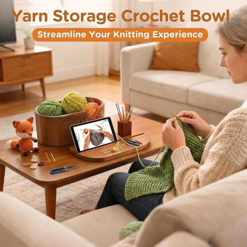 Oval Yarn Bowl Set with Lid, Crochet Yarn Holder with 9pcs Knitting Hooks, Large Wooden Yarn Storage with Phone Stand & Crochet Accessories, Double Curling Slot, Ideal Gift for Crochet Lovers in Saudi Arabia