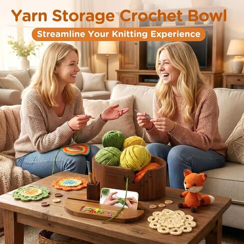 Oval Yarn Bowl Set with Lid, Crochet Yarn Holder with 9pcs Knitting Hooks, Large Wooden Yarn Storage with Phone Stand & Crochet Accessories, Double Curling Slot, Ideal Gift for Crochet Lovers in Saudi Arabia