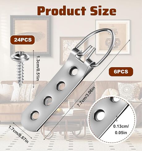 D Ring Picture Hangers, 6Pcs D Ring Hangers 24pcs Screws Heavy Duty Hanging System for Large Frames & Mirrors Easy Install Silver Finish in Saudi Arabia