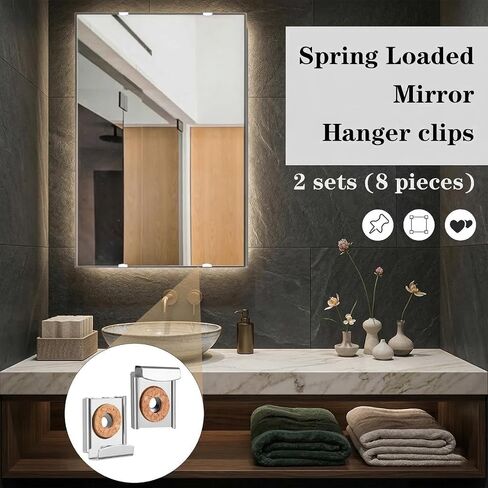 2 Sets(8 Pieces) Mirror Clips for Wall Mounting, Metal Spring Loaded Mirror Mounting Hardware for Unframed Mirrors, with Plugs and Screws in Kuwait
