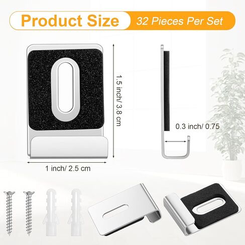 32 Pcs Metal Mirror Holder Kit, J Type Hanger Clip Kit with Screws Rubber Pads Heavy Duty Mirror Holder Clips for Frameless Mounting Wall Tile Billboard Display (1.5" x 1", Silver) in Kuwait