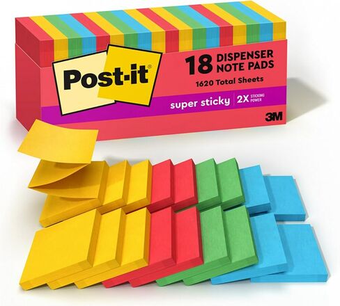 Post-it Super Sticky Dispenser Pop-up Notes, 18 Sticky Note Pads, 1620 Sheets, 3 x 3 in., 2X Sticking Power, School and Oﬃce Supplies, Use with Post-it Note Dispensers, Playful Primaries Collection in Kuwait