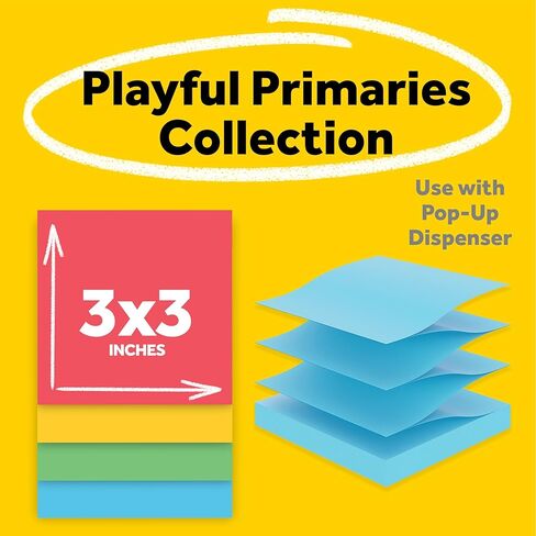 Post-it Super Sticky Dispenser Pop-up Notes, 18 Sticky Note Pads, 1620 Sheets, 3 x 3 in., 2X Sticking Power, School and Oﬃce Supplies, Use with Post-it Note Dispensers, Playful Primaries Collection in Kuwait