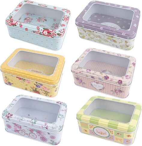 Framendino, 6 Pack Metal Rectangular Tin Boxes Containers Floral Tinplate Organizer With Clear Window for Jewelry Storage Case in Kuwait