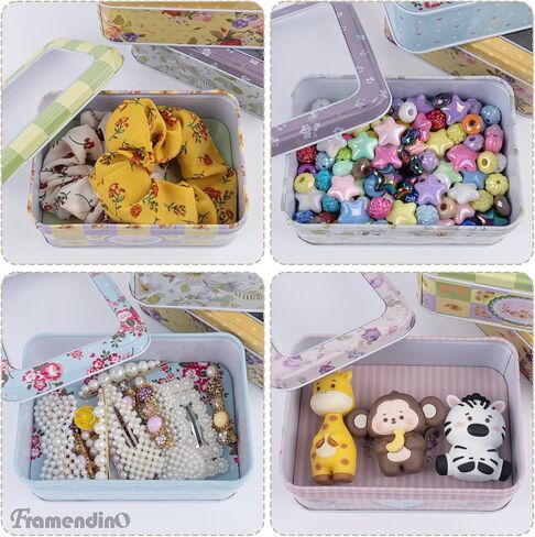Framendino, 6 Pack Metal Rectangular Tin Boxes Containers Floral Tinplate Organizer With Clear Window for Jewelry Storage Case in Kuwait