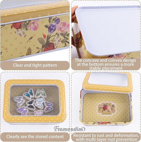 Framendino, 6 Pack Metal Rectangular Tin Boxes Containers Floral Tinplate Organizer With Clear Window for Jewelry Storage Case in Kuwait