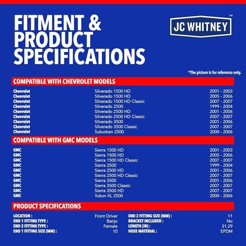 JC Whitney JFBAJCWBHH00050 Front Left Brake Hydraulic Hose - Compatible with Chevrolet Silverado 2500 3500, Suburban 2500, GMC Sierra 1500 HD, Sierra 3500 Classic, Yukon XL 2500, Hummer H2 in Kuwait
