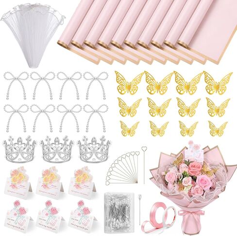 162pcs Flower Bouquet Wrapping Paper Kit, Waterproof Floral Pearl Wrapping Paper Include Pearl Mesh, Bow, Butterfly, Crown, Ribbon, Pin and Card for DIY Graduation Wedding Gift Crafts(Pink) in Saudi Arabia