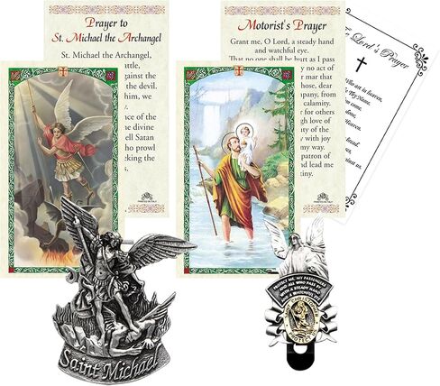 St Michael Visor Clip - St Christopher Medal for Car, St Christopher Prayer Card, Saint Michael Prayer Card, The Lord's Prayer Card - St Michael and St. Christopher Visor Clip Catholic Set - 5 Items in Saudi Arabia