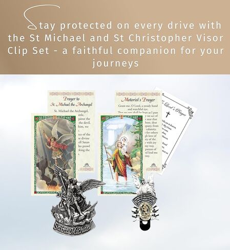St Michael Visor Clip - St Christopher Medal for Car, St Christopher Prayer Card, Saint Michael Prayer Card, The Lord's Prayer Card - St Michael and St. Christopher Visor Clip Catholic Set - 5 Items in Saudi Arabia