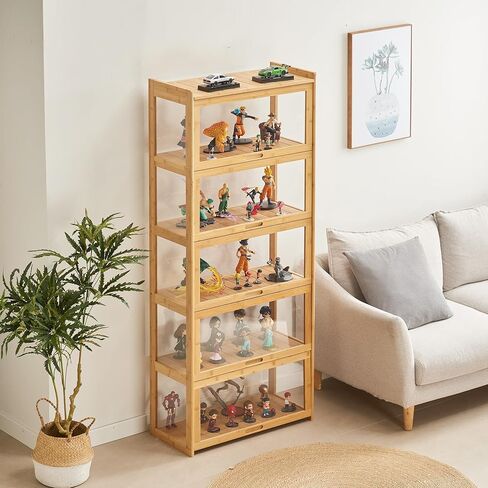 5-Tier Display Cabinet Bamboo with Acrylic Glass Door Curio Display Case for Collectibles Toy Organizers Rack & Display Shelf Kids Bookshelf for Home, Office, Playroom, Living Room（Nature） in Kuwait