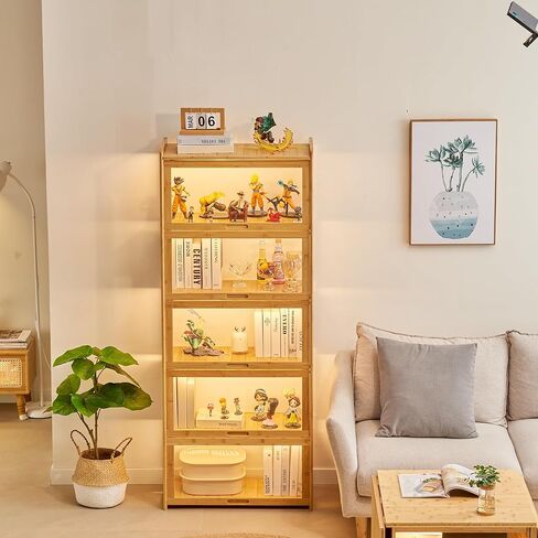 5-Tier Display Cabinet Bamboo with Acrylic Glass Door Curio Display Case for Collectibles Toy Organizers Rack & Display Shelf Kids Bookshelf for Home, Office, Playroom, Living Room（Nature） in Kuwait