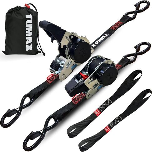 2-Pack Retractable Ratchet Tie Down Straps, 1" x 10ft with Soft Loops & S-Hooks, 1500lbs Break Strength Self-Retracting Cargo Straps for Truck, Trailer, Motorcycle, ATV, Kayak (Black) in Saudi Arabia