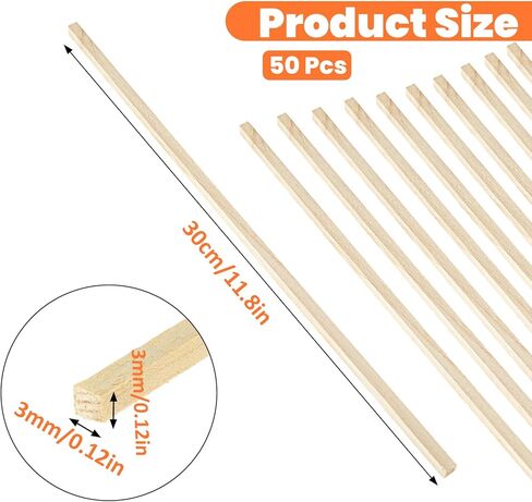 50 PCS Wooden Dowel Rods for Crafts, 1/8" X 12" Craft Wood Sticks Hardwood Unfinished Square Dowel Wood Sticks 1/8 Square Wooden Dowels for Art Crafts, Kites, DIY Projects Home Decor Models Making in Kuwait
