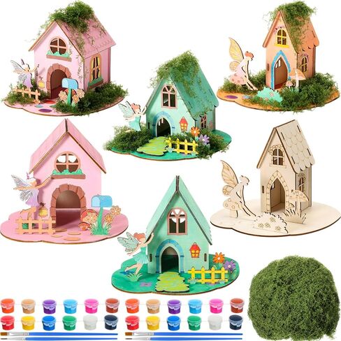 DoubleFill 6 Sets Wooden Fairy House DIY Kit Craft - DIY Fairy Garden with Paints & Decorations - Arts Crafts & Birthday Gift for Craft Activity Party Decor (Lovely Short) in Kuwait