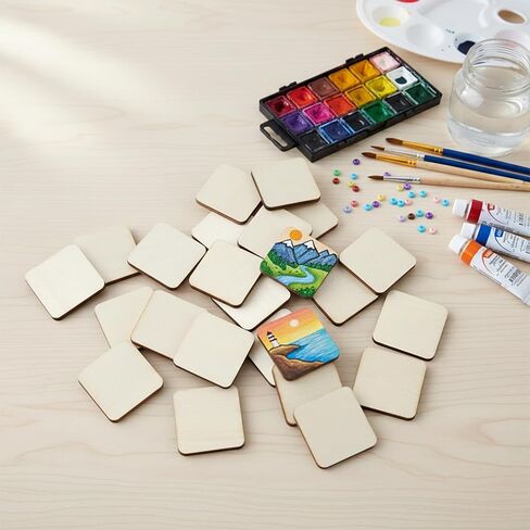 100pcs Unfinished Wood Pieces, 1 Inch Wood Square, Blank Natural Wood Squares Round Corner, Unpainted Wood Pieces for Painting Writing Coasters Carving Letter DIY in Kuwait