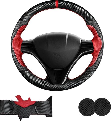 Carbon Fiber DIY Stitching Steering Wheel Cover for Honda Civic 8th Generation 2006 2007 2008 2009 2010 2011 3 Spokes Accessories, Full Wrap Microfiber Leather Hand Sewn 13.5-14.5 inches in Saudi Arabia