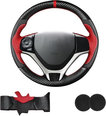 Carbon Fiber DIY Stitching Steering Wheel Cover for Honda Civic 8th Generation 2006 2007 2008 2009 2010 2011 3 Spokes Accessories, Full Wrap Microfiber Leather Hand Sewn 13.5-14.5 inches in Saudi Arabia