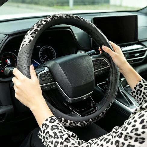 KAFEEK Leopard Steering Wheel Cover, Black and Gray Breathable Microfiber Leather Anti-Slip Car Steering Wheel Protector, Universal Fit 14.5-15 Inch, Cool Cheetah Print Auto Interior Accessories in Kuwait