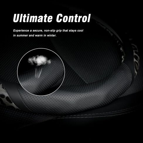 KAFEEK Leopard Steering Wheel Cover, Black and Gray Breathable Microfiber Leather Anti-Slip Car Steering Wheel Protector, Universal Fit 14.5-15 Inch, Cool Cheetah Print Auto Interior Accessories in Kuwait