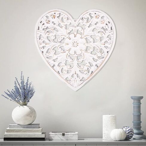 Wooden Wall Decor, Floral Hollow Carved Wall Panel Hanging Decor Rustic Wall Art Sculpture Decorative Carved Floral-Patterned Distressed White MDF Wall Panel for Hallway Bedroom Cafe Office (Heart) in Saudi Arabia