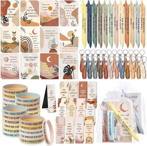 Mooliwe 72 Pcs/12 Sets Boho Positive Affirmation Gifts Bulk Inspirational Notebooks Pens Motivational Silicone Bracelets Keychains Magnetic Bookmark Bags for Women Mom Teacher Appreciation Coworker in Kuwait
